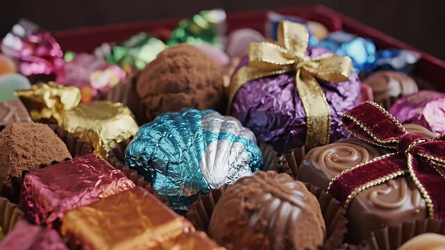 Assorted Gourmet Chocolates and Candies in Festive Wrappers - A close-up shot showcases an assortment of delicious chocolates and candies, each individually wrapped in colorful, metallic foils and
