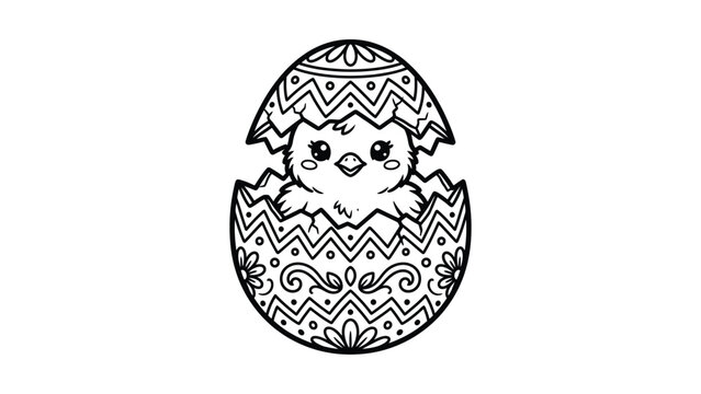 Cute Chick Hatching from Decorated Easter Egg - Black and White Line Art