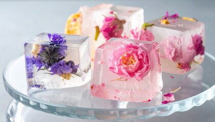 Naklejka premium Clear Ice Cubes with Delicate Floral Inclusions