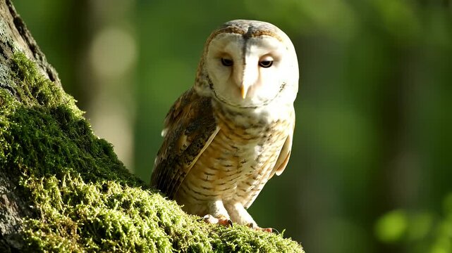Barn Owl Perched on Mossy Tree Trunk in Lush Forest - A close-up of a beautiful Barn Owl perched on a moss-covered tree trunk in a verdant forest.