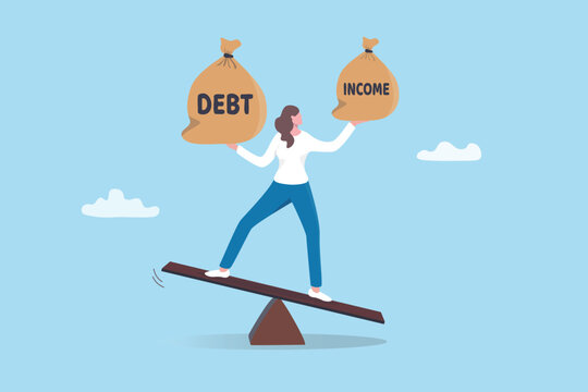 Debt burden compared with small income, financial obligation or responsibility to pay interest rate, liability or borrowing, cost, expense spending, woman balance between debt and income wage salary.