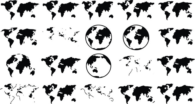World map silhouettes and globe icons