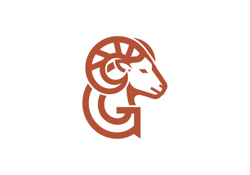 Stylized ram head logo with letter g design on white background