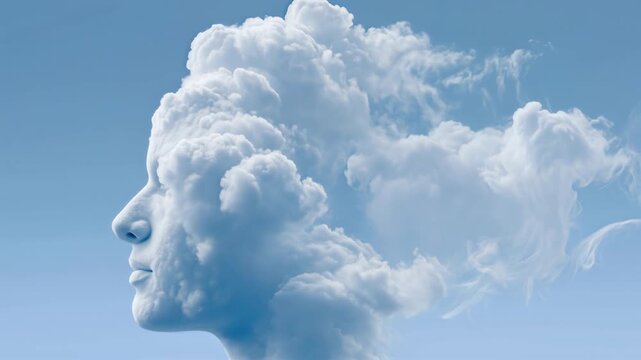 Human face made out of moving white clouds in blue sky
