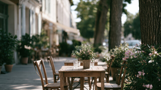 French street cafe outdoor table empty chair sidewalk dining flower pot sunlit street French street cafe terrace with empty