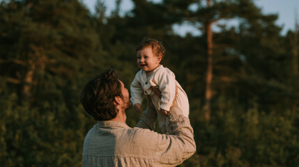 Fototapeta premium Father baby lift outdoor family nature parent lifting smiling baby outdoors nature during golden hour, joyful family bonding