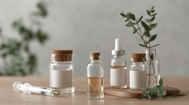 Aesthetic clinic botulinum toxin syringe vial injection skincare minimalist workspace with glass bottle and green plant