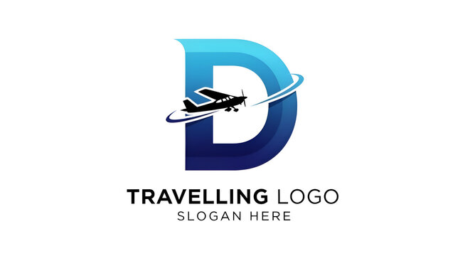 Travel logo with airplane and letter D, travelling brand identity
