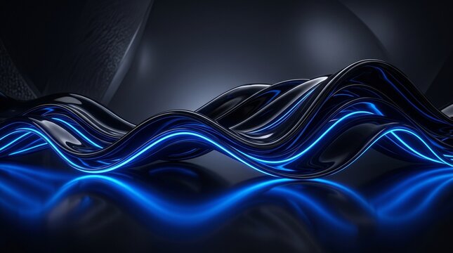 Luxury Abstract Flowing Liquid Obsidian Black and Electric Blue Neon 3D Background