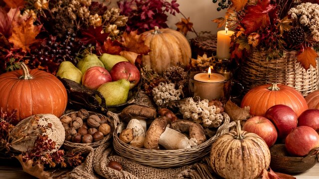 Abundant Autumn Harvest Table With Pumpkins Apples Nuts And Candles