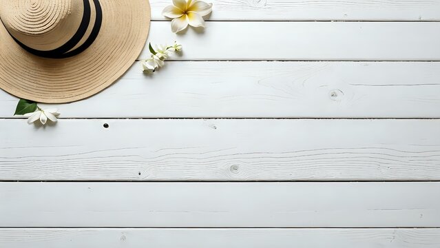 Sfondo marino minimalista con cappello di paglia su legno bianco e spazio per testo