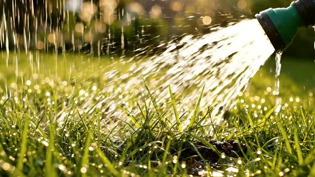 Watering Lush Green Grass Close Up - A close-up shot shows a green garden hose nozzle spraying fresh water onto lush green grass, creating a refreshing and vibrant scene.