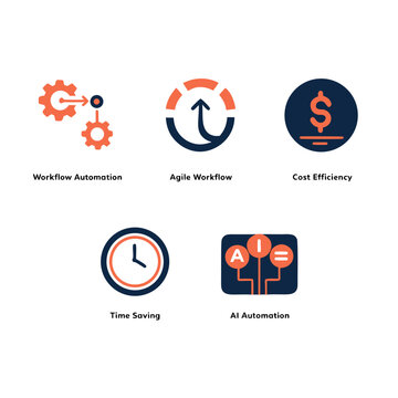 Workflow optimization and efficiency solid icon set. Featuring workflow automation, agile workflow, cost efficiency, time saving, and ai automation. Editable vector glyphs for work and productivity.
