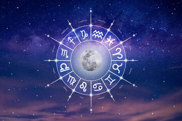 A Western astrological circle containing the 12 zodiac symbols against a beautiful, colorful star-filled space background. Vector illustration. © Sudarat