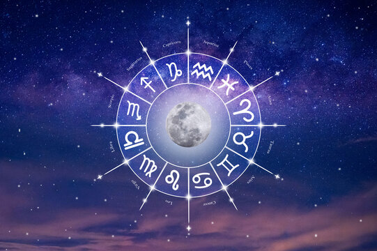 A Western astrological circle containing the 12 zodiac symbols against a beautiful, colorful star-filled space background. Vector illustration.