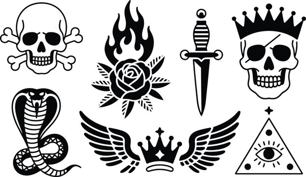 Black ink traditional tattoo flash sheet featuring skull pirate cobra rose fire and eye of providence old school body art traditional illustration collection ornament esoteric mystical