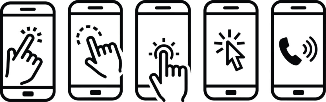 Smartphone touch screen hand gestures and cursor click line icon set isolated on white background vector illustration