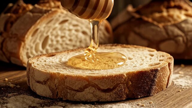 Delicious Bread Slice with Honey Drizzle - A close-up shot captures a slice of artisanal bread being drizzled with golden honey from a wooden honey dipper.