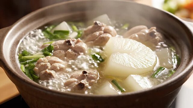 Delicious Chicken and Winter Melon Soup Simmering - A close-up shot of chicken and winter melon soup simmering in a rustic clay pot.