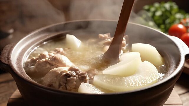 Delicious Chicken and Winter Melon Soup Simmering - A close-up shot shows chicken and winter melon soup simmering in a clay pot, with a wooden spoon stirring the ingredients.