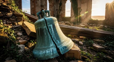 Obraz premium A cracked bronze bell lies in the ruins of an ancient structure.