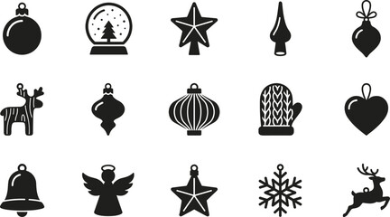 Naklejka premium Set of black christmas ornaments icons featuring stars baubles reindeer bell snowflake mitten and angel for holiday design
