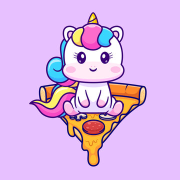 Cute Unicorn Sitting On Pizza Cartoon