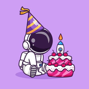 Cute Astronaut Celebrate With Birthday Cake Cartoon