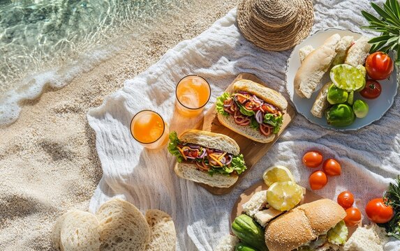 Idyllic beach picnic scene with fresh sandwiches, cold drinks, and summer accessories on sandy shore, embodying relaxation and vacation vibes