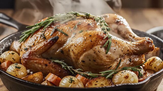 Delicious Roasted Chicken Steaming Hot in a Pan with Rosemary and Vegetables - A beautifully roasted chicken, glistening with juices and steaming, is presented in a cast-iron pan.