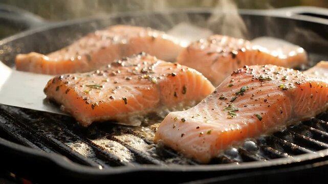 Delicious Salmon Fillets Sizzling on Hot Grill - Close-up shot of several seasoned salmon fillets cooking on a hot cast iron grill pan.