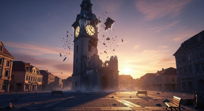 A Destroyed Clock Tower Crumbling Amidst an Apocalypse