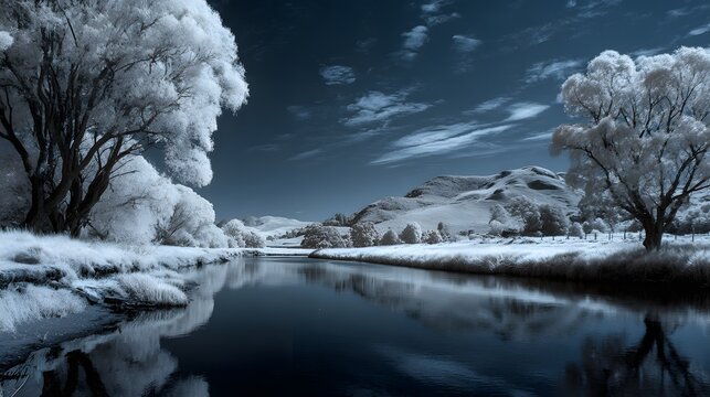 Monochrome blue infrared landscape showing a calm river reflecting white trees and rolling hills.