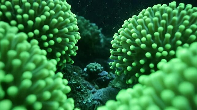 Bioluminescent Green Coral Pulsating with Ethereal Light - Close-up view of vibrant green coral polyps pulsating with an ethereal, bioluminescent light against a dark underwater background.