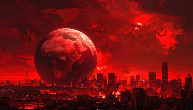 Apocalyptic Red Sky Over Cityscape with Giant Earth Globe