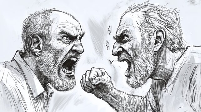 Two angry senior men yelling at each other, fists clenched.