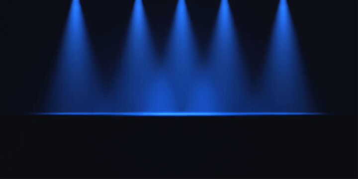 Four bright blue spotlights illuminate a dark stage, creating a dramatic atmosphere perfect for performances or presentations.