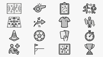 Minimalist Black and White Icons Set Featuring Soccer Strategy Tactics and Game Elements with high quality professional line art symbols for modern creative design and digital branding projects © Fuck