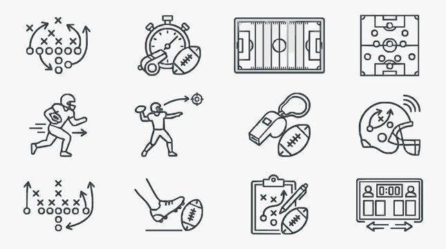Minimalist Black and White Line Drawing Icons Set Featuring American Football Strategy and Action Elements
