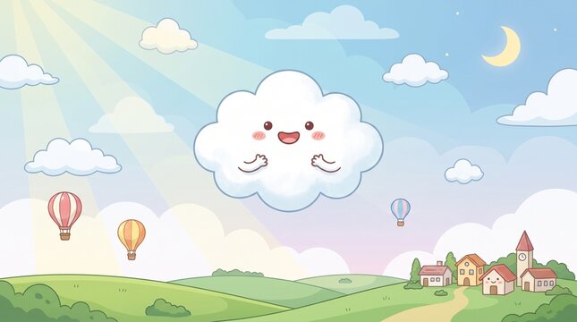 Whimsical animated sky with smiling cloud and hot air balloons over countryside