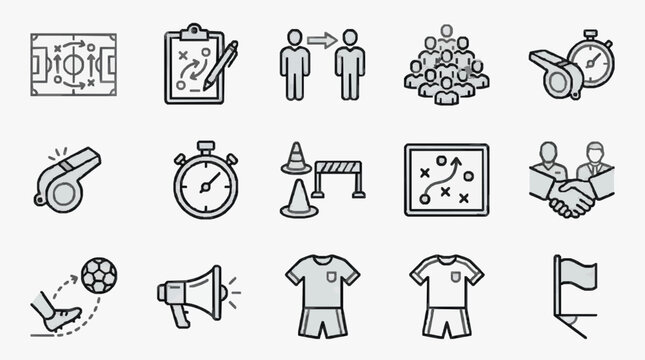Elegant Minimalist Line Icons Set Featuring Soccer Themed Elements and Team Management Concepts in Monochrome