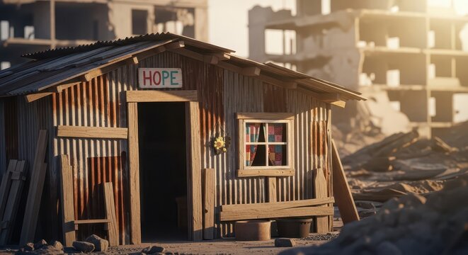 A Survivor's Makeshift Shelter Bearing the Sign of Hope