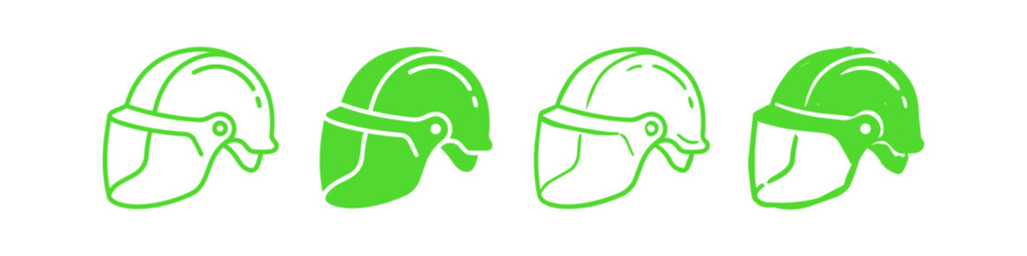 Set of lime green safety helmet icons with visors. Includes outline, solid, and textured styles for construction, industrial safety, and PPE themes.