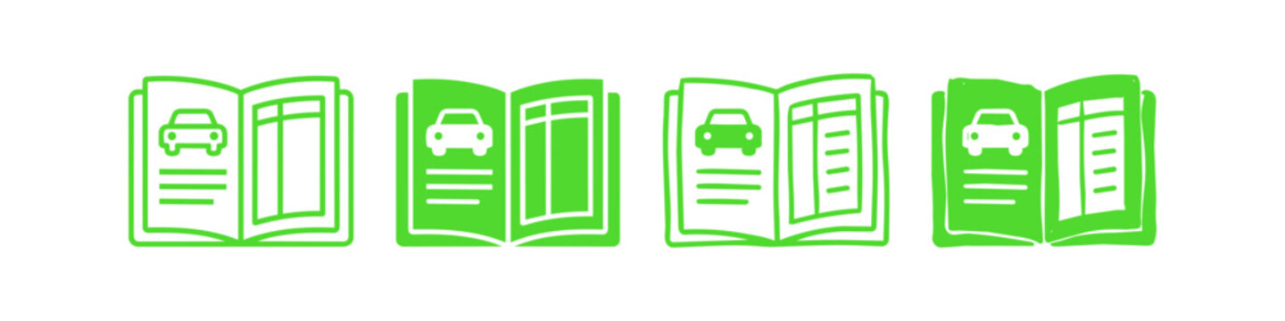 Four green car manual icons in varied styles. Represents automotive documentation, brochures, and vehicle service books. Minimalist line and solid designs on white background.