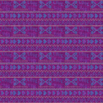 Vibrant Seamless Knitted Fair Isle Pattern with Whales, Dolphins, and "LIVE" Text in Deep Violet and Teal Blue. Cozy, Handcrafted Jacquard Texture for Winter Fashion and Home Decor.