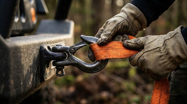 Close up of hands wearing work gloves attaching an orange tow strap to a metal shackle on a rugged off road vehicle for recovery and towing