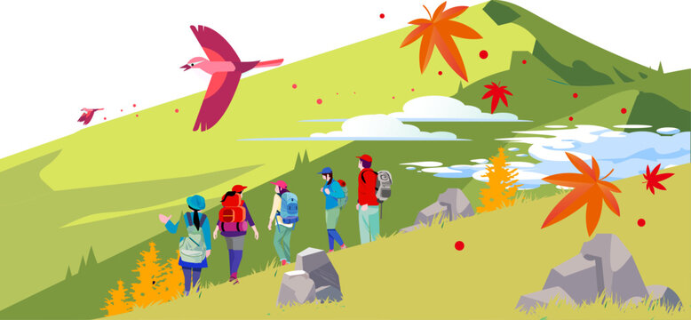 Illustration of a group hiking in the autumn mountains with autumn leaves landscape