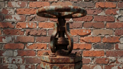 Fototapeta premium Close up of a weathered industrial valve handle against a rustic red brick wall background