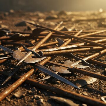 A Pile of Rusted Medieval Iron Polearms Scattered on the Ground
