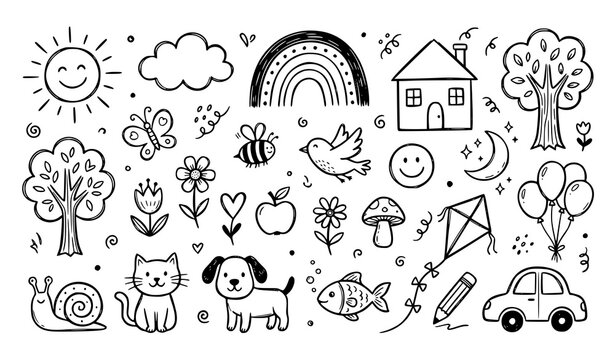 Hand Drawn Cute Nature and Animals Doodle Set with Sun Rainbow House Trees Cat Dog and Car Symbols for Kids Fabric Vector Designs